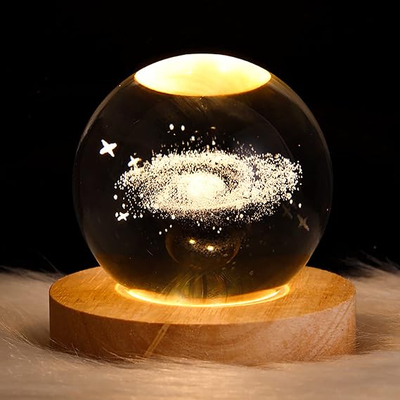 3D Galaxy Solar System Crystal Ball Night Light with Wooden Base